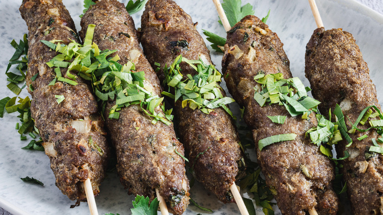 close up on lamb kofta kebab skewers