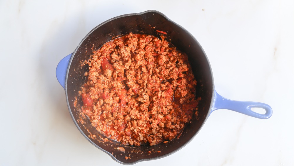 skillet with meat and pasta sauce