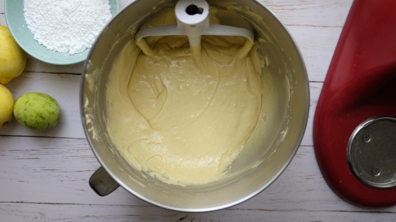 cake batter in metal mixing bowl