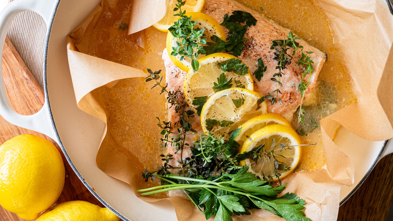 steamed lemon salmon in pan