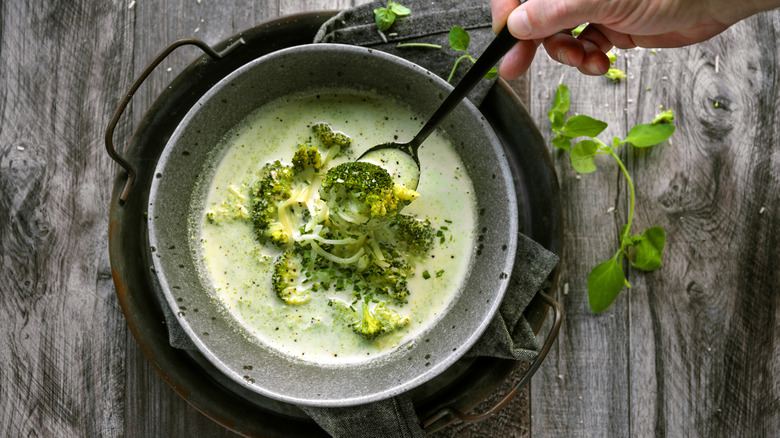 Bowl of creamy broccoli cheddar soup