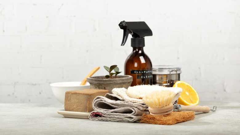 Cleaning supplies arranged in pile