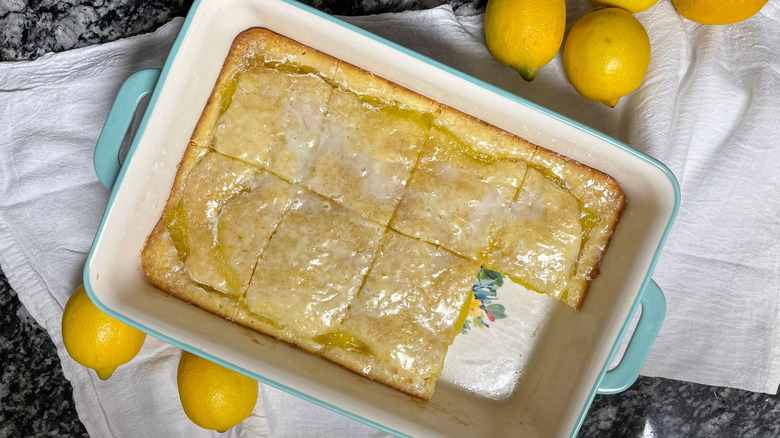 Iced lemon Omaha cake in baking dish