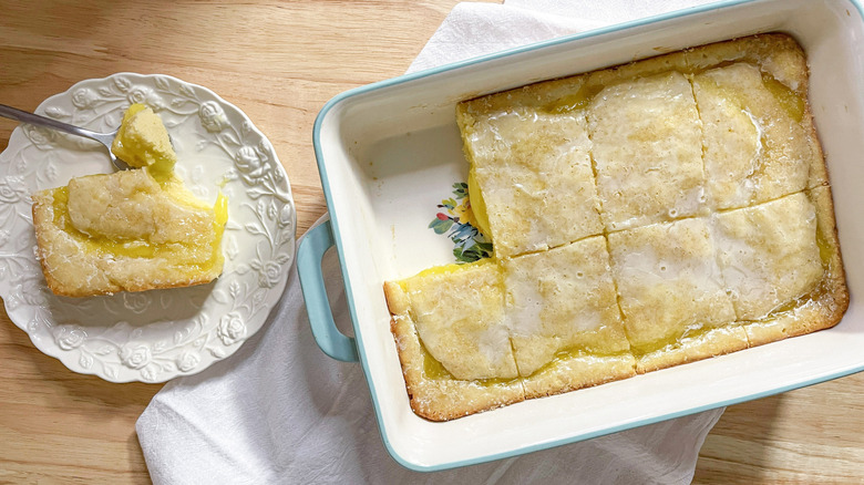 Lemon Omaha cake in baking dish and on plate