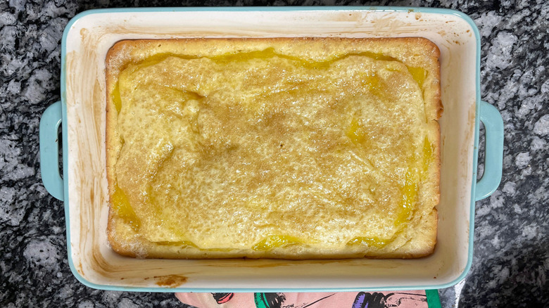 Baked cake in rectangular dish