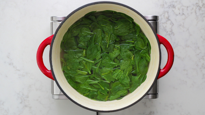 spinach leaves in pot with broth