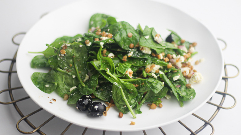 lentil spinach salad on plate