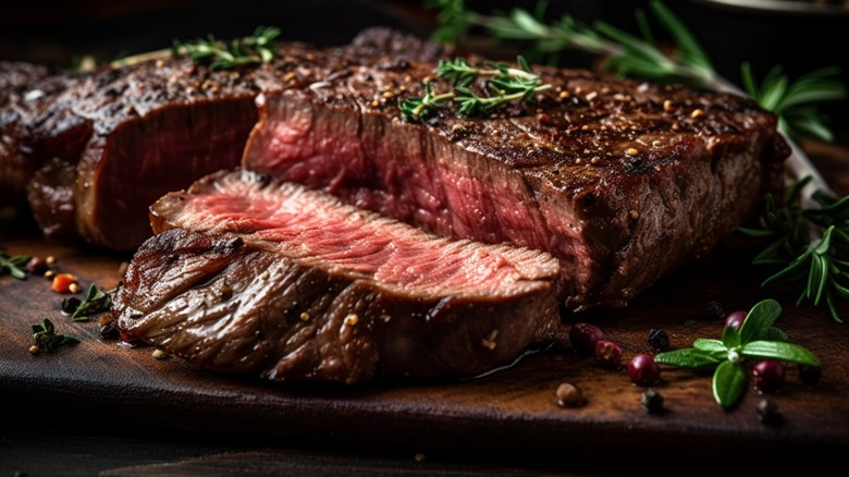 Sliced steak with rosemary.