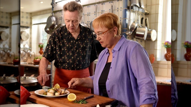 Lidia Bastianich and christopher walken cooking