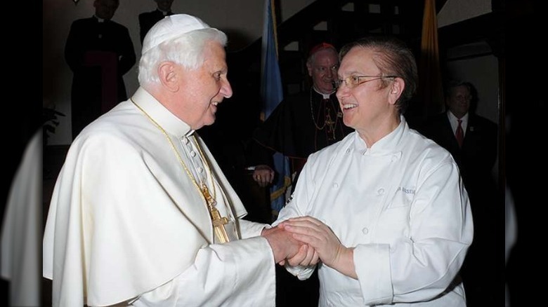 Lidia Bastianich in chef whites meeting pope benedict 