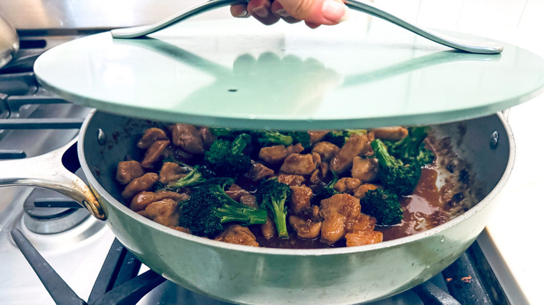 chicken and broccoli in pan