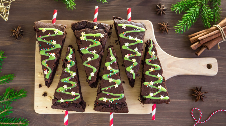 brownies decorated like christmas trees with green frosting