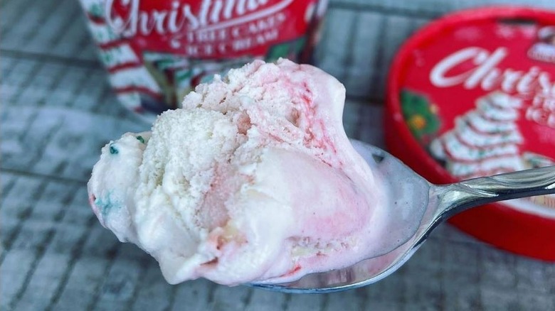 Little Debbie Christmas Tree Ice Cream on a spoon