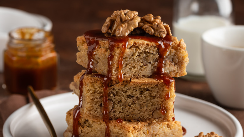 Stacked blondies on a white plate