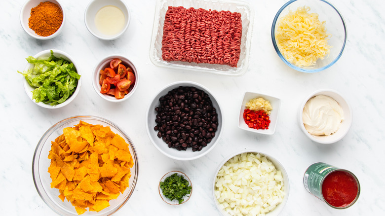 Walking taco casserole ingredients laid out 