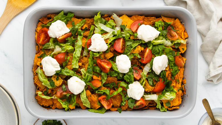 Walking taco casserole in baking dish