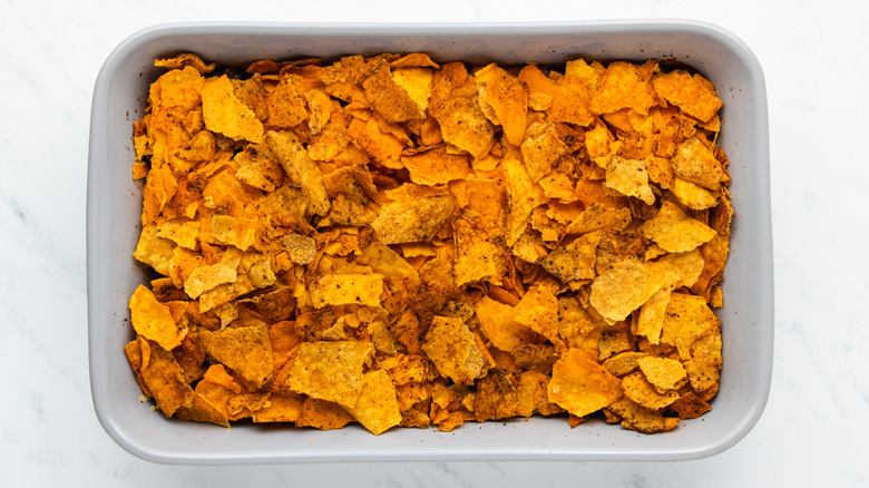 Dorito-topped taco casserole in baking dish