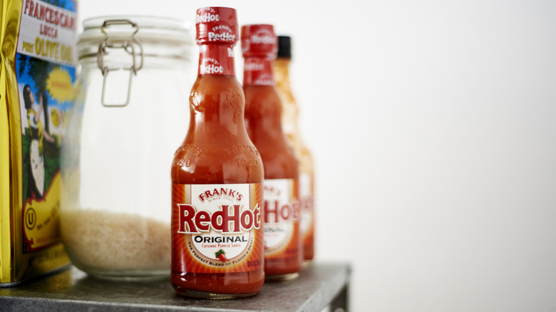 Frank's RedHot bottles lined up