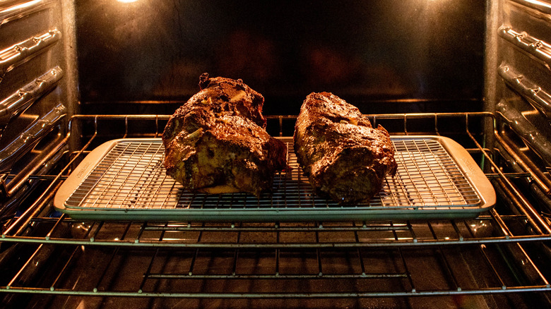 two pork roasts in oven