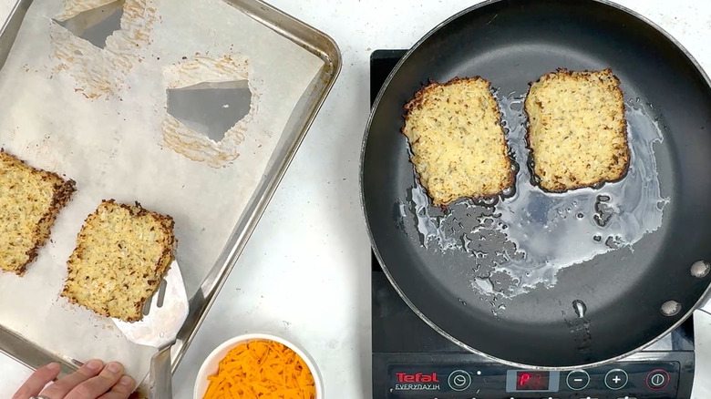 cauliflower rice slices in frying pan