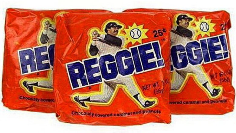 Reggie Jackson holding a Reggie Bar
