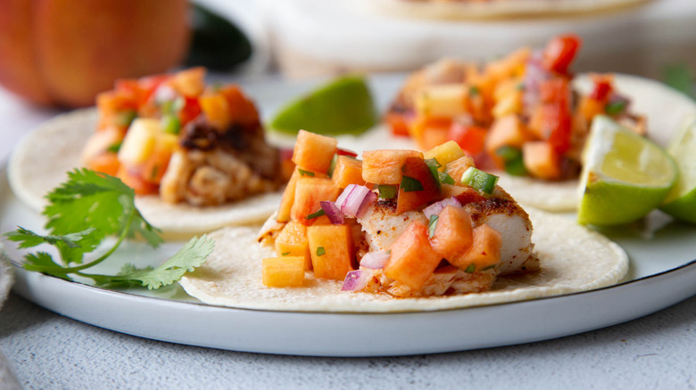 mahi mahi tacos with peach salsa