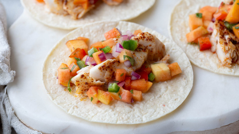 mahi mahi tacos with peach salsa