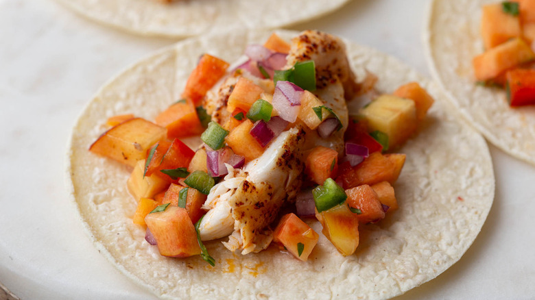 mahi mahi tacos with peach salsa