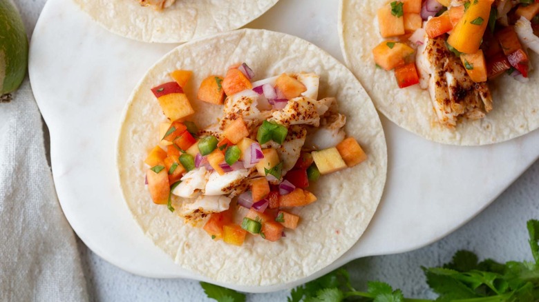 mahi mahi tacos with peach salsa