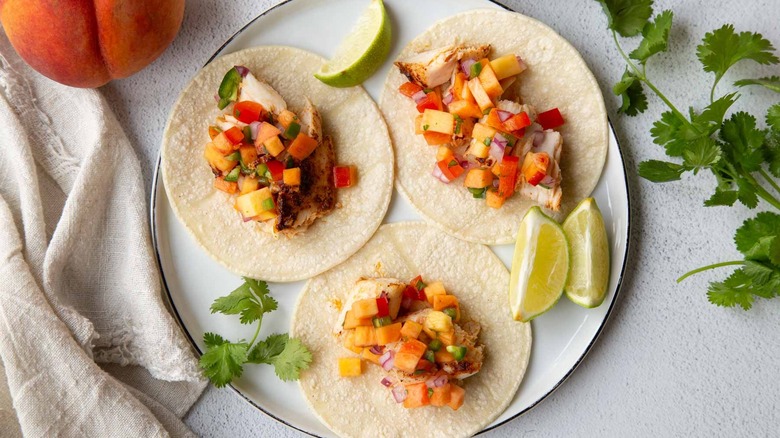 mahi mahi tacos with peach salsa