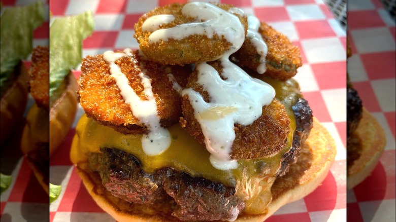 Fried pickles on burger