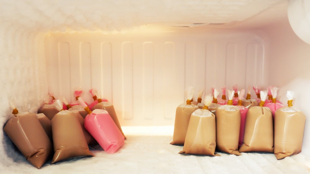 bags of homemade ice cream in freezer