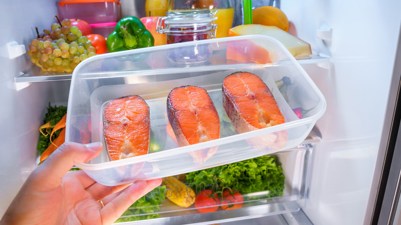 salmon steaks going into the fridge