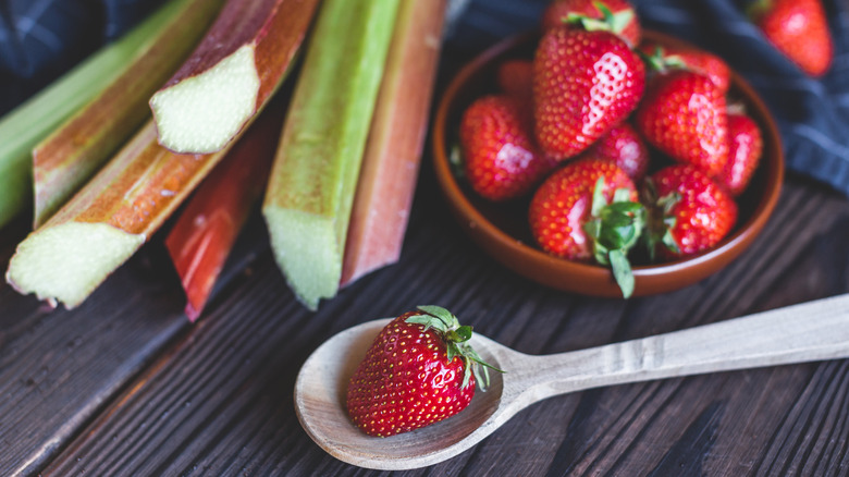 Stalks of rhubarb with strawberries, one on a spoon