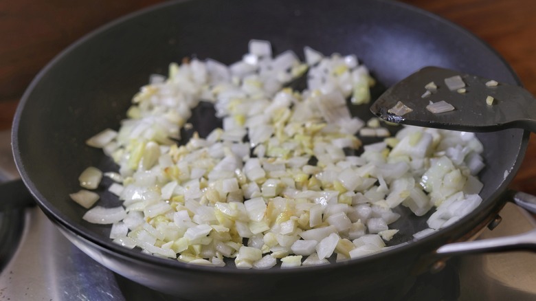 skillet of onion, garlic, and ginger