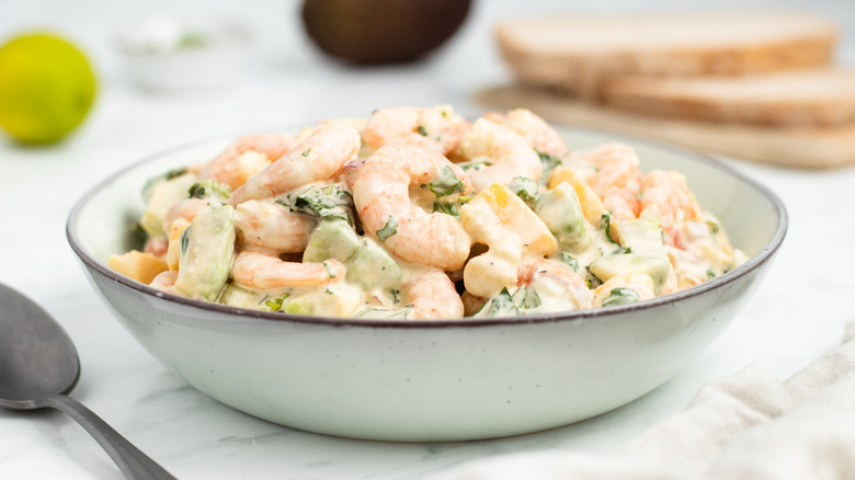 mango shrimp salad in bowl 