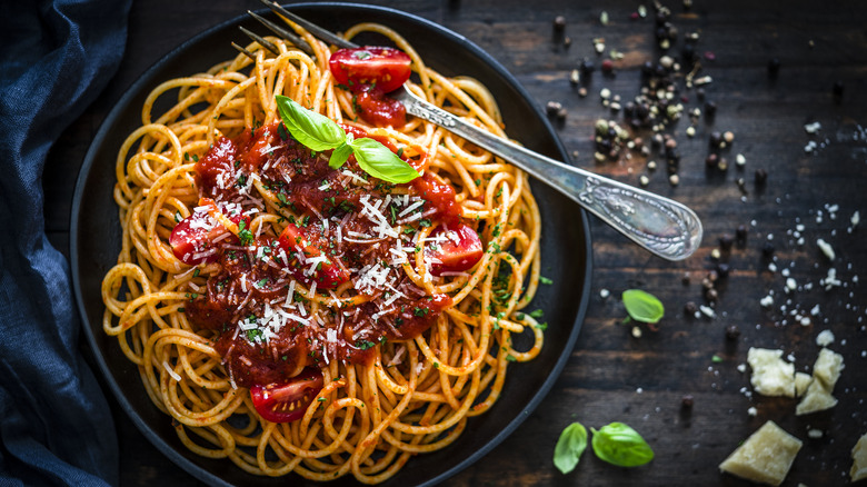 plate of spaghetti with fork