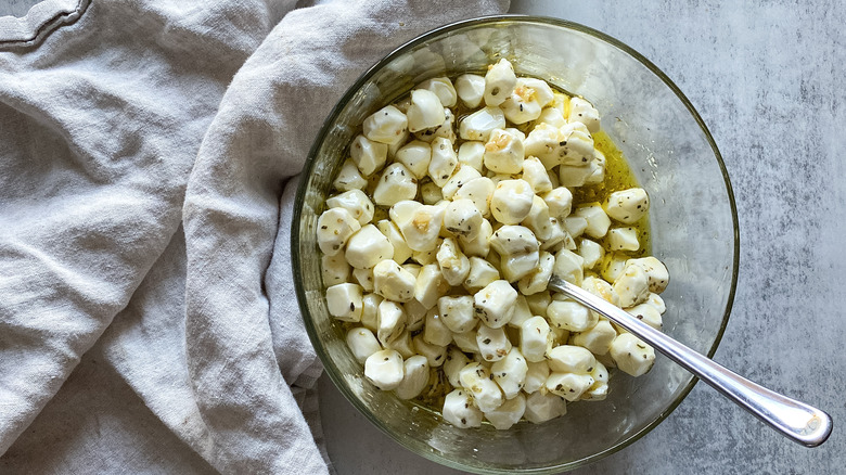 marinated mozzarella balls in bowl