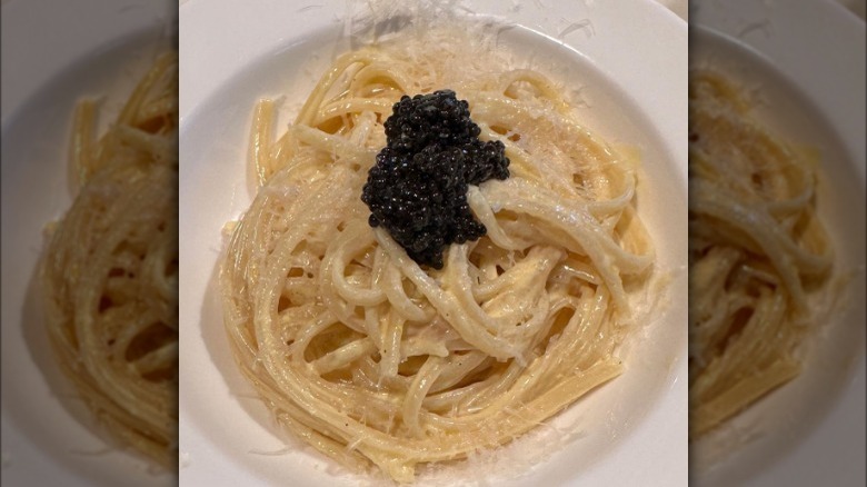 A plate of linguine topped with caviar made by Martha Stewarat