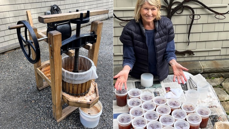 apple press and Martha Stewart with cider