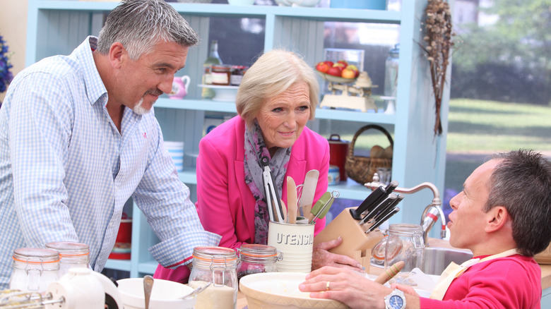 Mary Berry on a kitchen set with Paul Hollywood