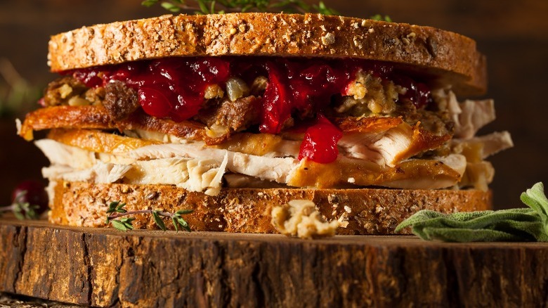 Sandwich featuring leftover Thanksgiving foods