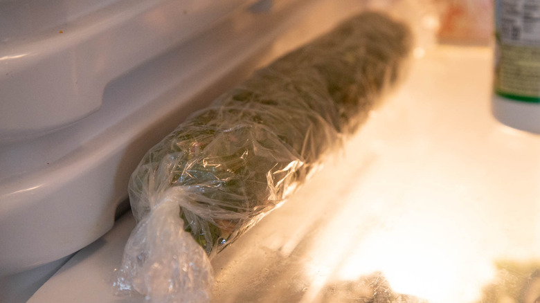 wrapped cookie dough in fridge