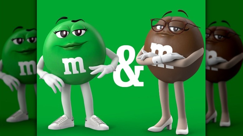 Green and brown M&M candies characters. 