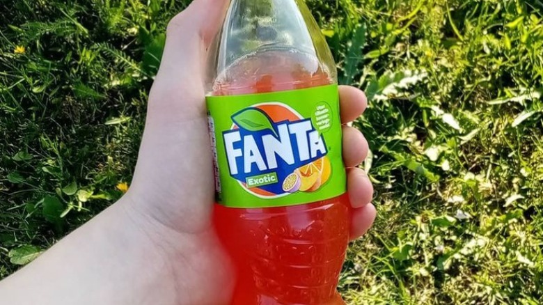 Hand holding bottle of Fanta Exotic