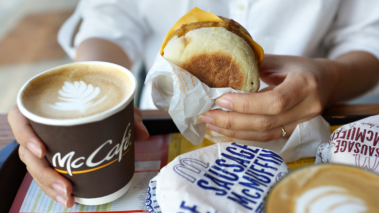 McDonald's coffee and breakfast sandwich