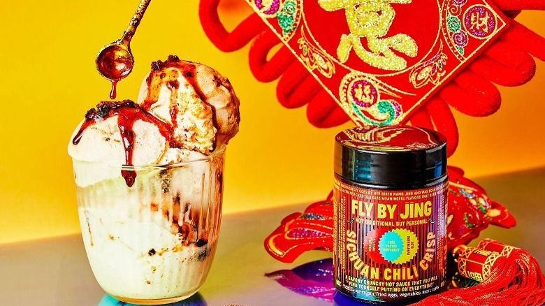 Ice Cream with Fly By Jing hot sauce on it