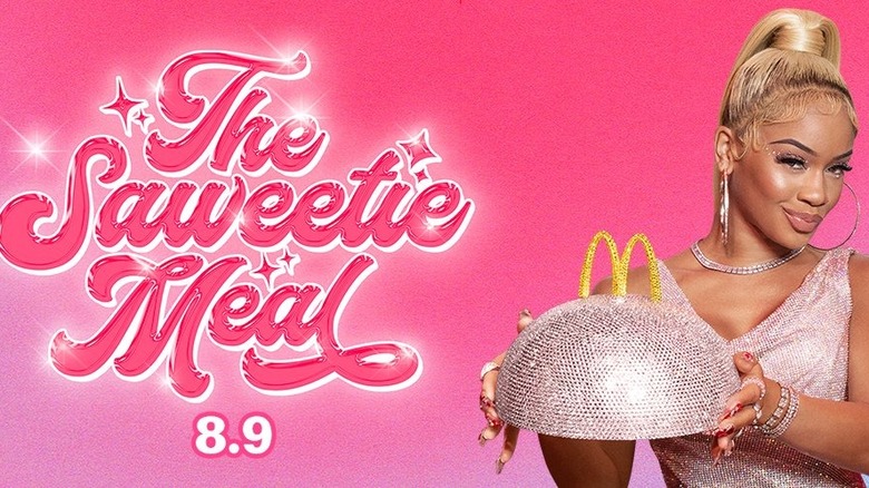 saweetie holding a plate with dome, pink background, text reads "The Saweetie Meal, 8.9," promo for McDonald's