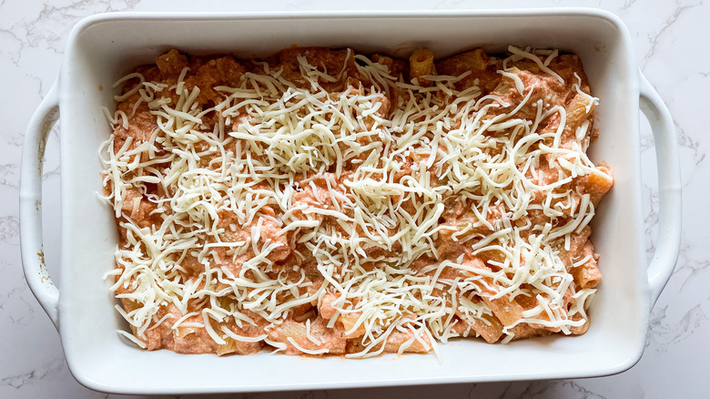 uncooked baked ziti in dish