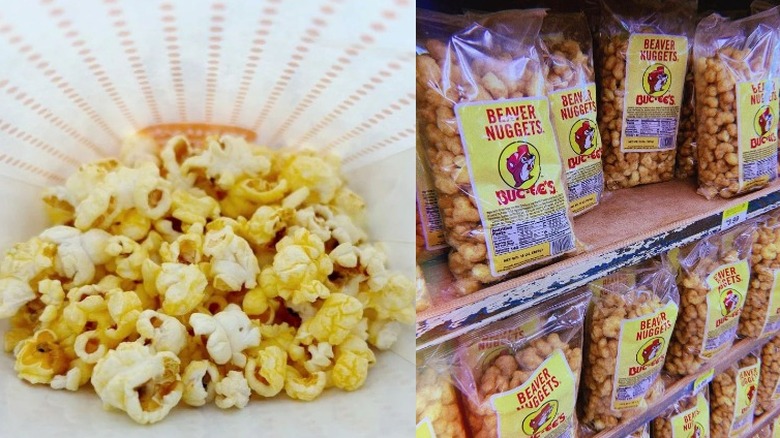 split image of Wally's popcorn on left and Buc-ee's Beaver nuggets on the right